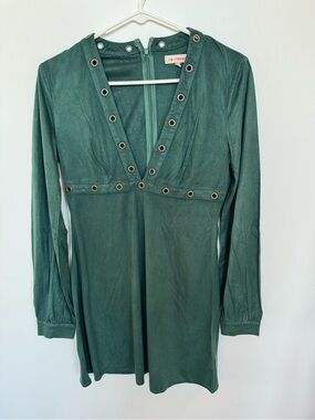 re:named Deep Teal Long Sleeve Eyelet V-Neck Dress